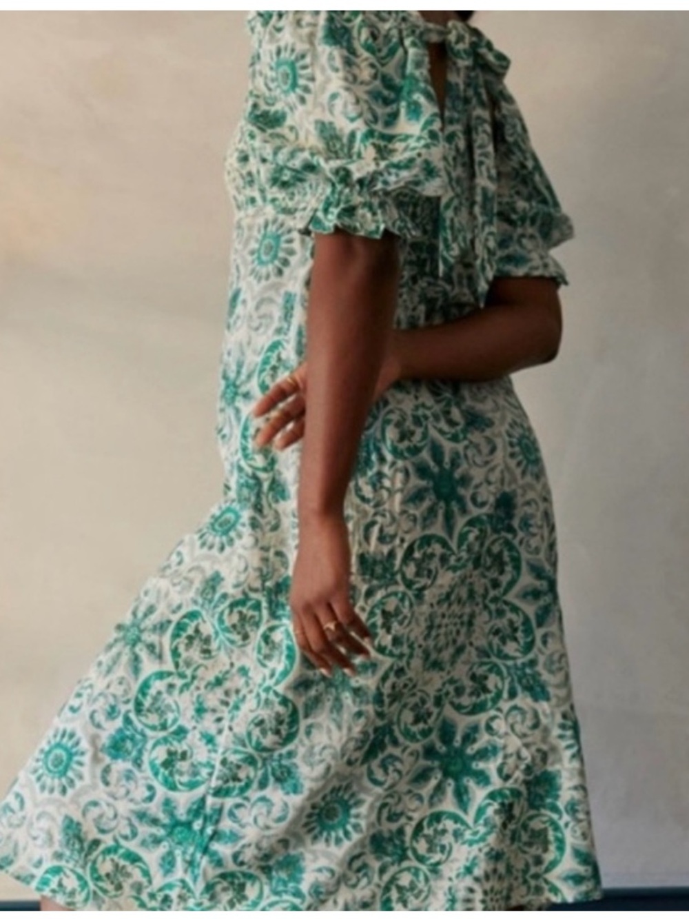 Anthropologie Green-White Smocked Square-Neck Midi Dress - Picture 3 of 9